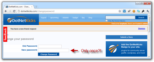 DotNetKicks only requiring new password to be entered once