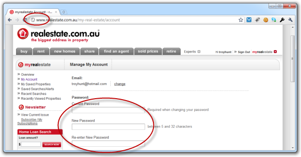 Realestate.com.au password change screen
