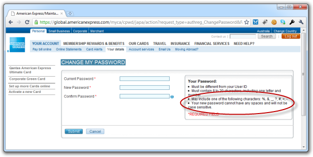 American Express password not case sensitive