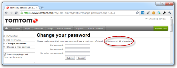 TomTom logon limited to 12 characters