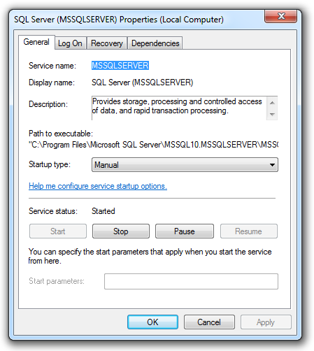The SQL Server service may be started manually