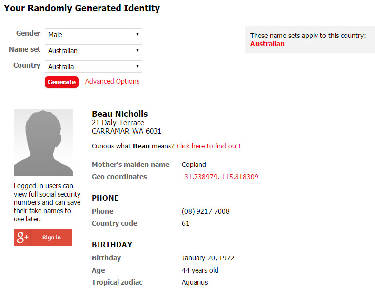 A generated fake identity