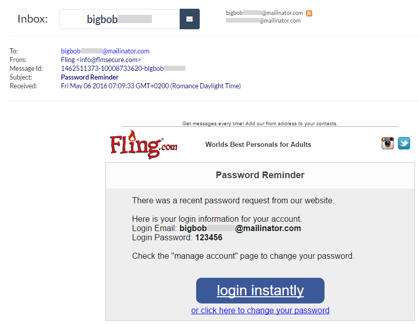 Fling password reset sent to a Mailinator account