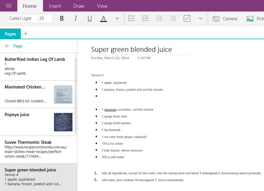 The same note in OneNote on the desktop