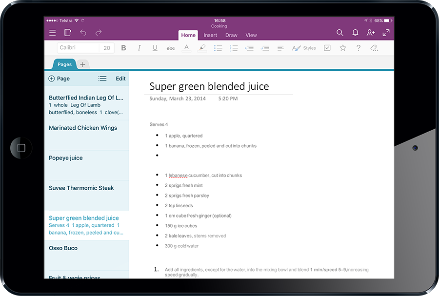 The same note in OneNote on iPad