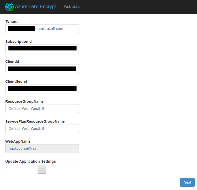 App settings visible in the Let's Encrypt site extension