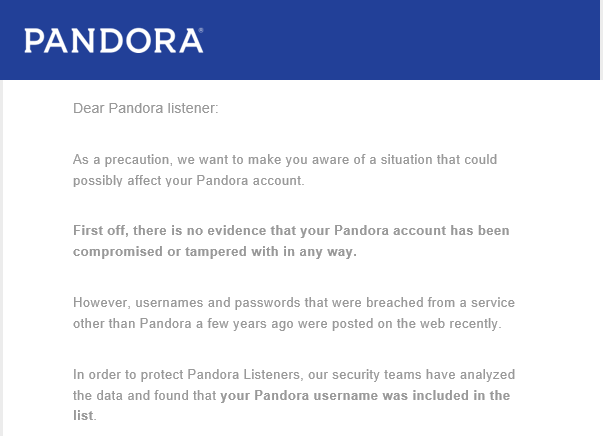 Pandora email about email appearing in another breach