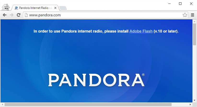 Flash is required to login to Pandora