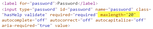 Registration password field limited to 20 characters