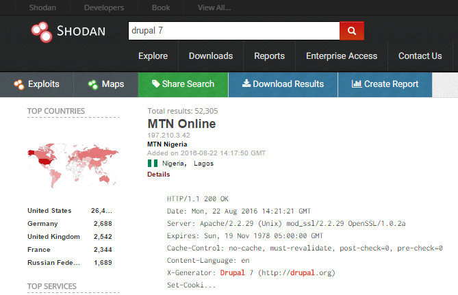 Drupal 7 Sites on Shodan