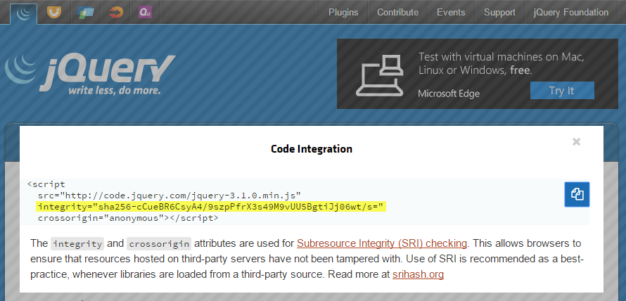 jQuery Embed Tag with SRI