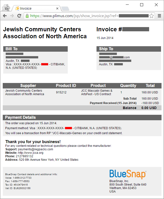 BlueSnap invoice