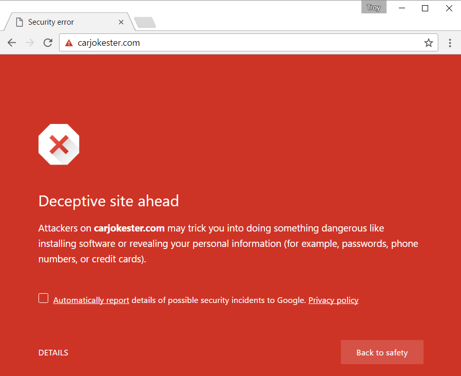 carjokester.com Chrome warning