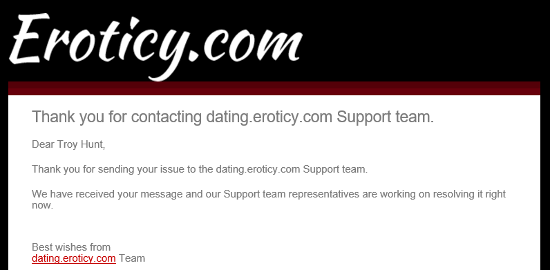 Email confirmation from Eroticy
