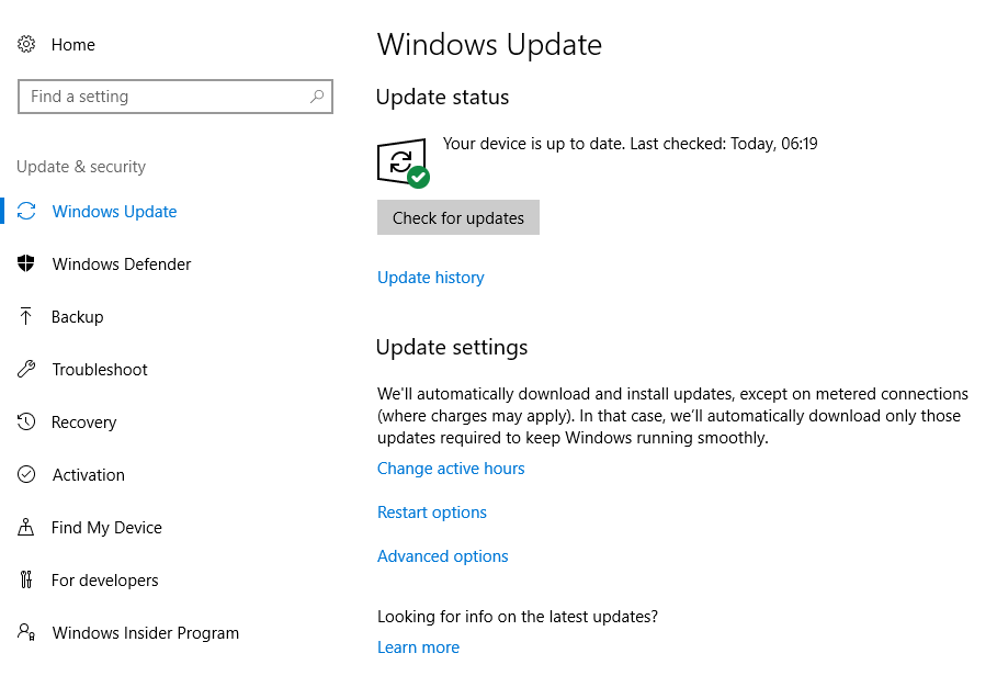 Default Windows Update settings