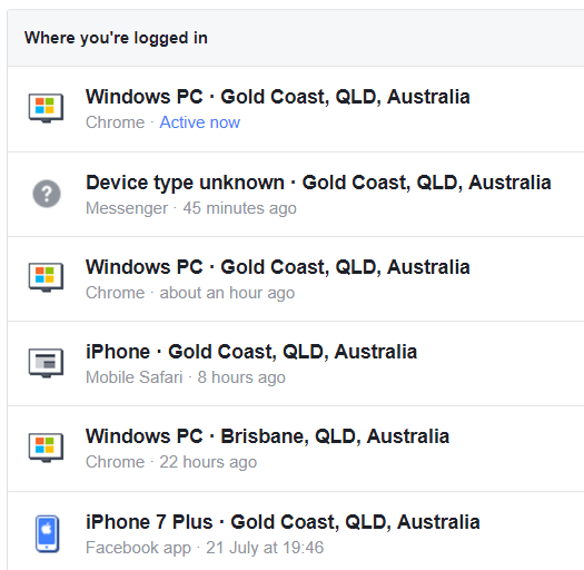 Current devices logged in to Facebook