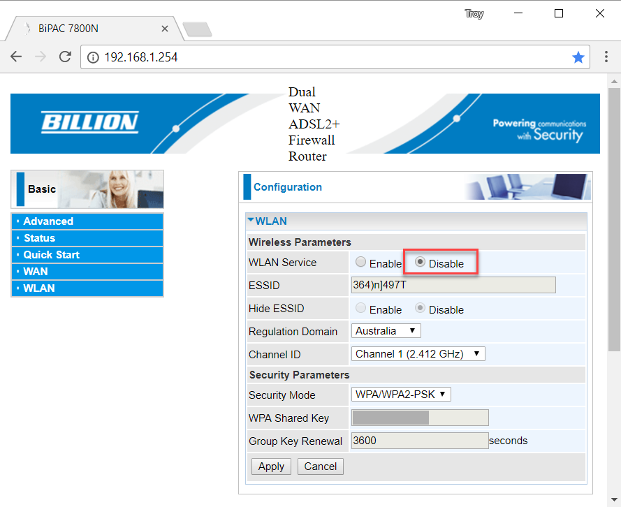 Disabling wifi on the old modem