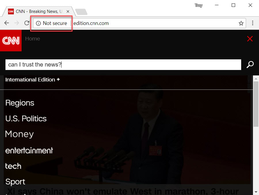 CNN Showing a Security Warning on Search Entry