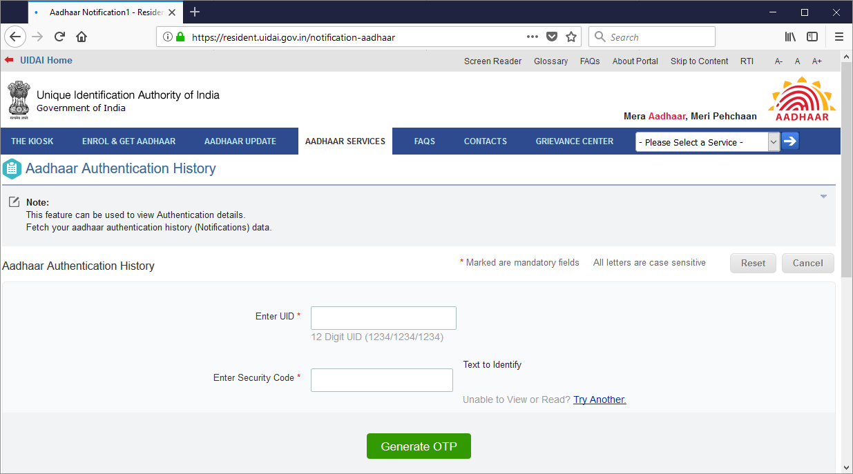 Aadhaar site loaded outside India with a proxy