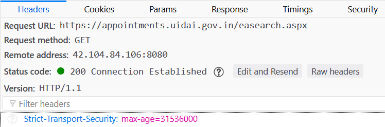 HSTS on appointments.uidai.gov.in