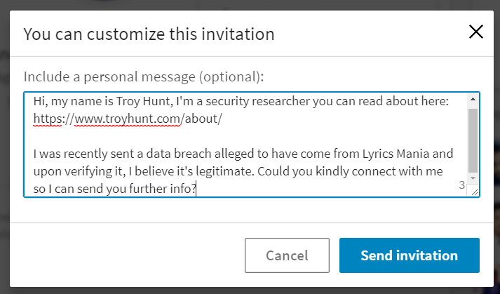 LinkedIn message to Lyrics Mania