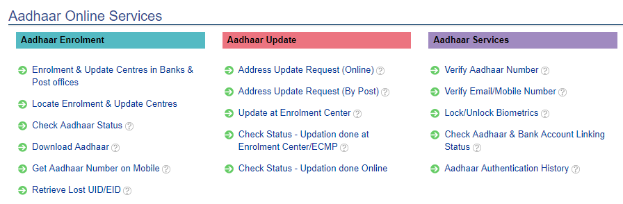 UIDAI website with Aadhaar links